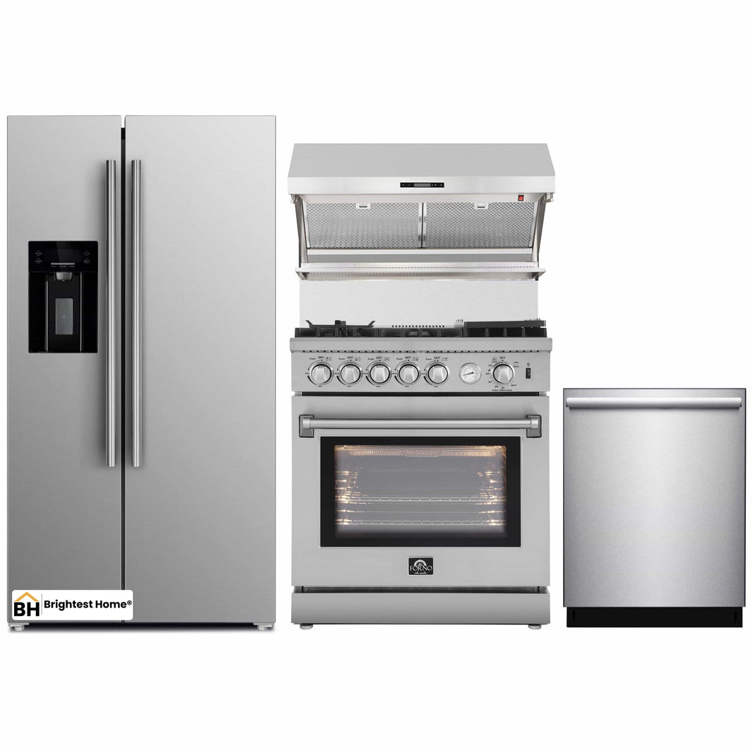 Forno 4-Piece Appliance Package - 30-Inch Gas Range with Air Fryer, Refrigerator with Water Dispenser, Wall Mount Hood with Backsplash, & 3-Rack Dishwasher in Stainless Steel