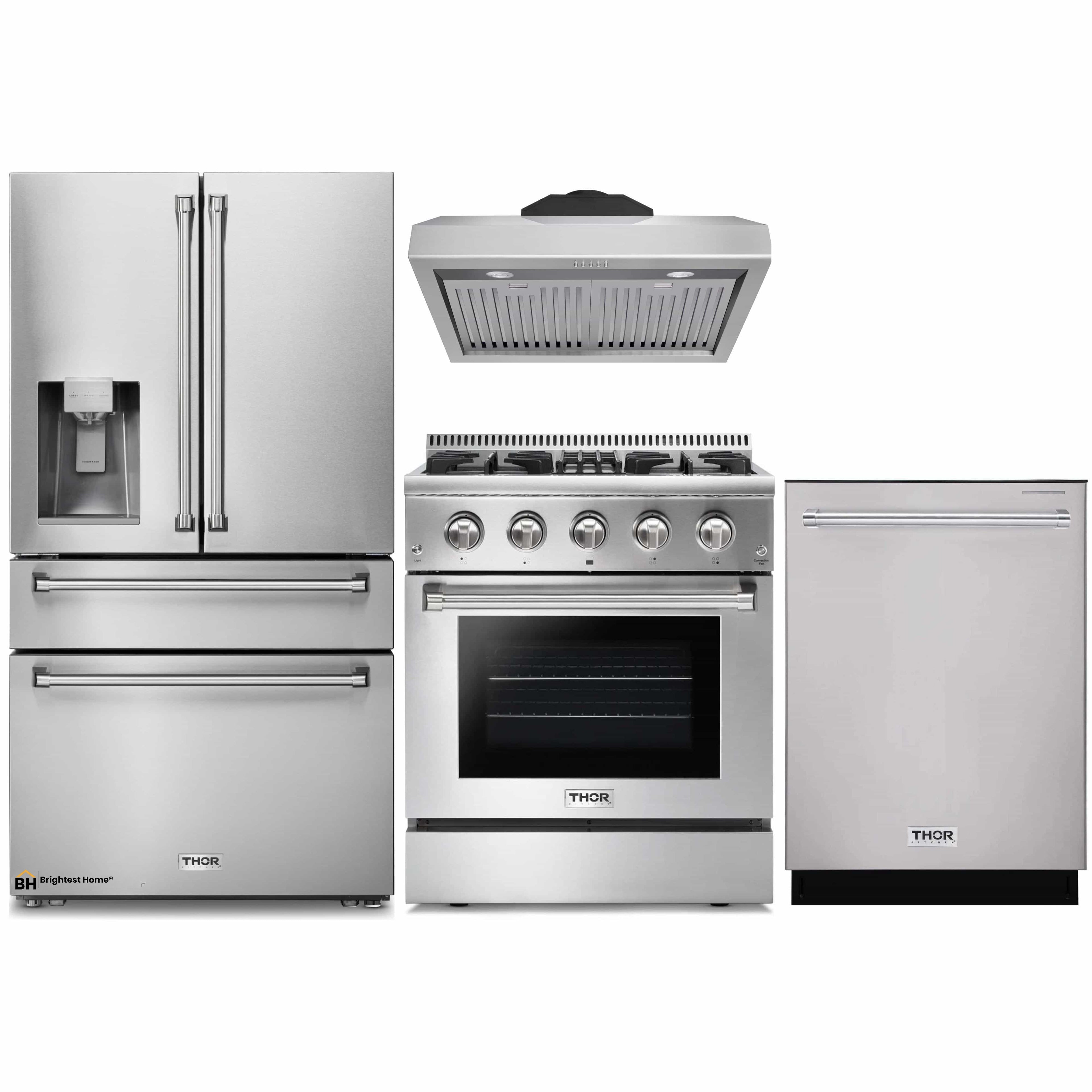 Thor Kitchen 4-Piece Pro Appliance Package - 30-Inch Dual Fuel Range, Refrigerator with Water Dispenser, Under Cabinet Hood & Dishwasher in Stainless Steel