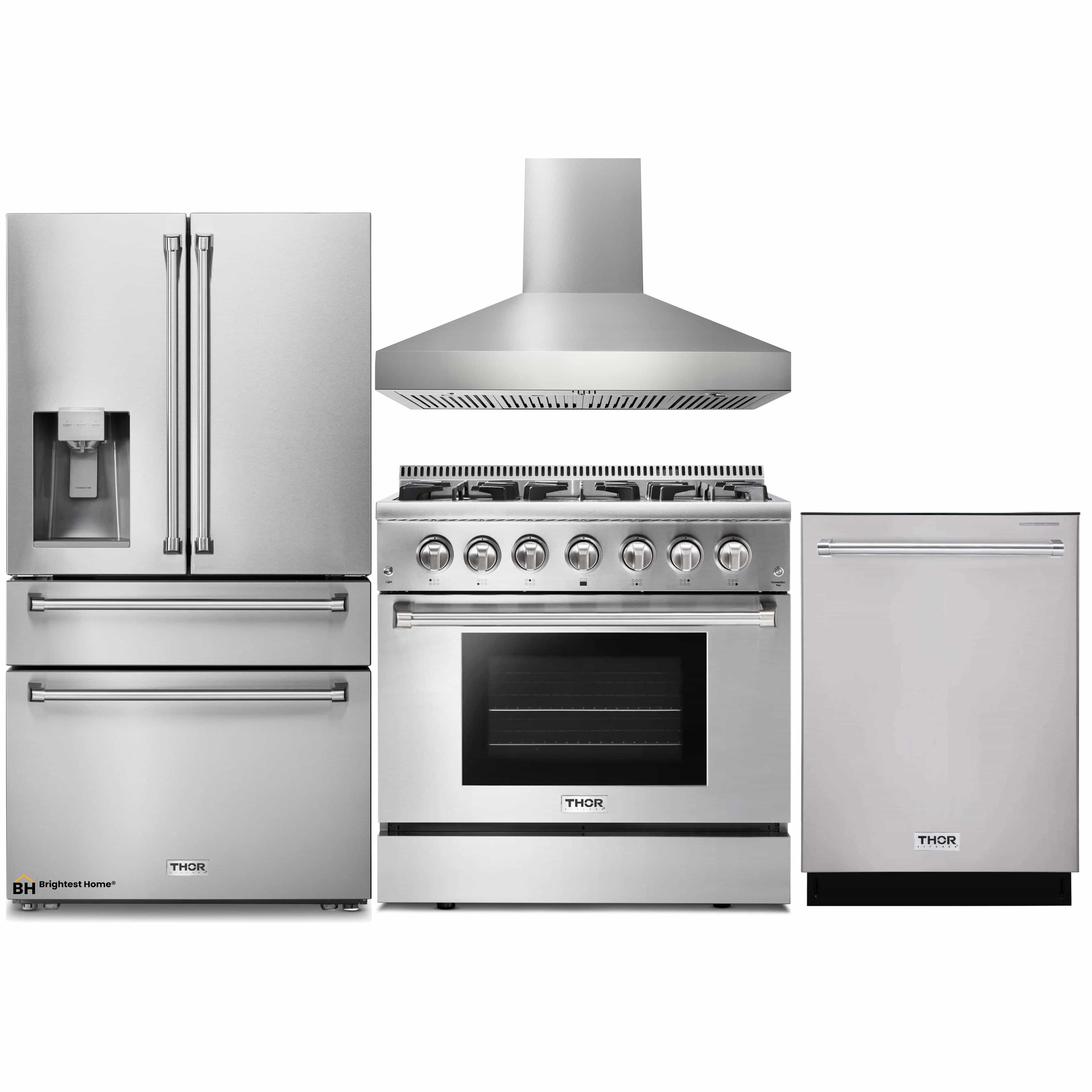 Thor Kitchen 4-Piece Pro Appliance Package - 36-Inch Dual Fuel Range, Refrigerator with Water Dispenser, Pro-Style Wall Mount Hood & Dishwasher in Stainless Steel