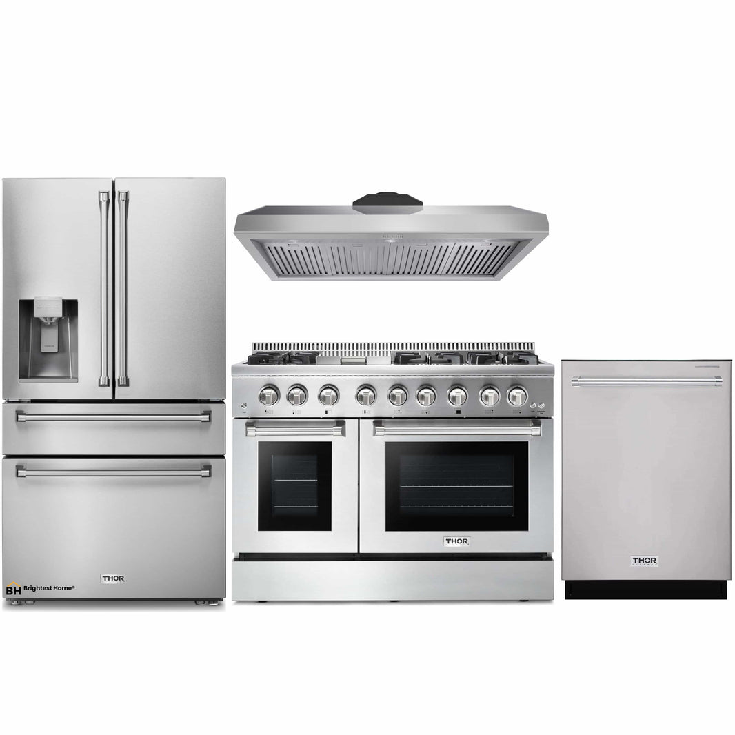 Thor Kitchen 4-Piece Pro Appliance Package - 48-Inch Dual Fuel Range, Under Cabinet 11-Inch Tall Hood, Refrigerator with Water Dispenser, & Dishwasher in Stainless Steel