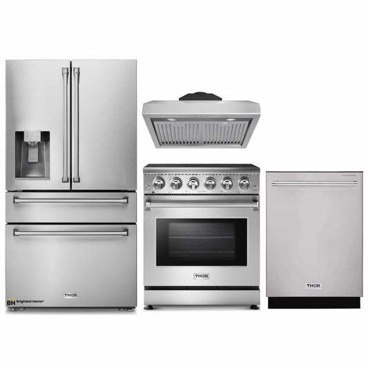 Thor Kitchen 4-Piece Appliance Package - 30-Inch Electric Range, Refrigerator with Water Dispenser, Under Cabinet Hood, & Dishwasher in Stainless Steel