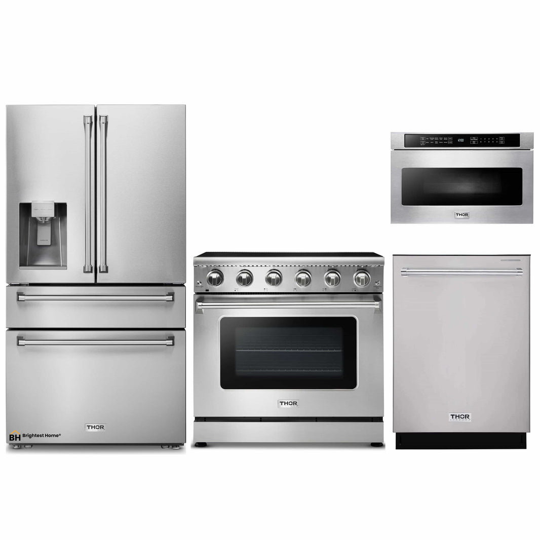 Thor Kitchen 4-Piece Appliance Package - 36-Inch Electric Range, Refrigerator with Water Dispenser, Dishwasher, & Microwave Drawer in Stainless Steel