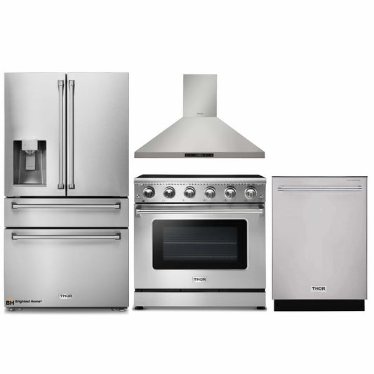 Thor Kitchen 4-Piece Appliance Package - 36-Inch Electric Range, Refrigerator with Water Dispenser, Wall Mount Hood, & Dishwasher in Stainless Steel