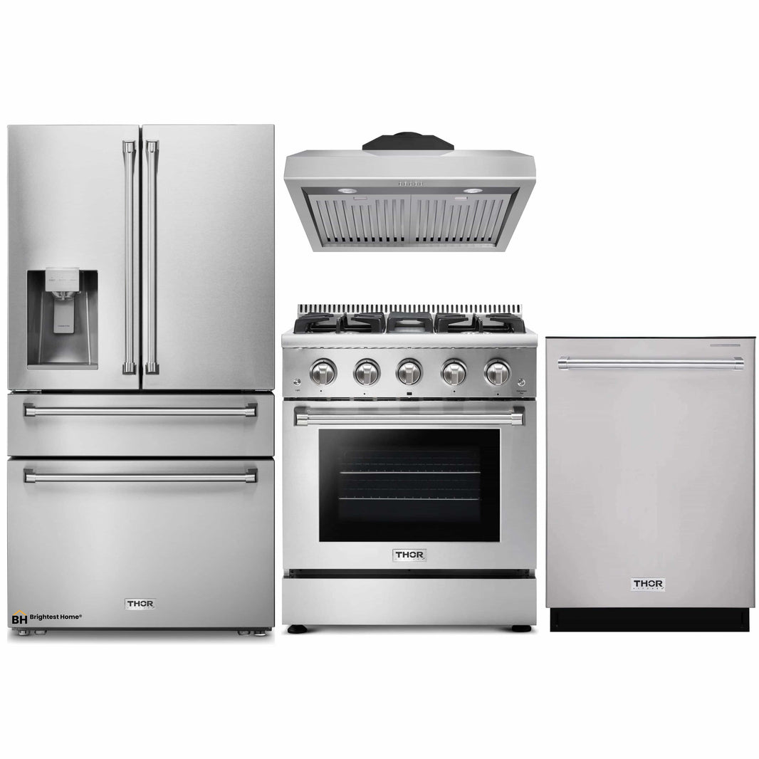 Thor Kitchen 4-Piece Pro Appliance Package - 30-Inch Gas Range, Refrigerator with Water Dispenser, Under Cabinet Hood & Dishwasher in Stainless Steel