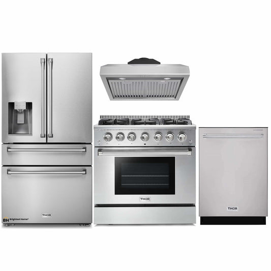 Thor Kitchen 4-Piece Pro Appliance Package - 36-Inch Gas Range, Refrigerator with Water Dispenser, Under Cabinet Hood & Dishwasher in Stainless Steel