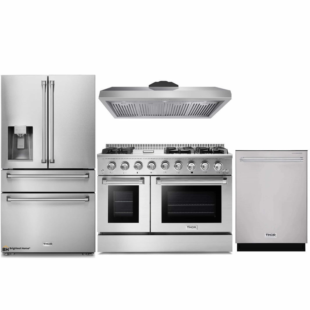 Thor Kitchen 4-Piece Pro Appliance Package - 48-Inch Gas Range, Under Cabinet 11-Inch Tall Hood, Refrigerator with Water Dispenser, & Dishwasher in Stainless Steel