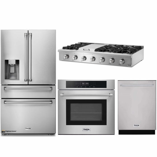 Thor Kitchen 4-Piece Pro Appliance Package - 48-Inch Rangetop, Electric Wall Oven, Dishwasher & Refrigerator with Water Dispenser in Stainless Steel