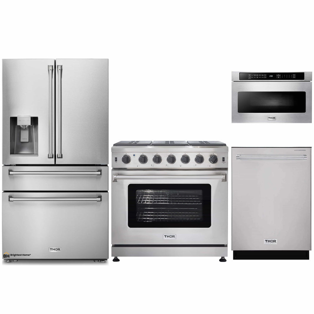 Thor Kitchen 4-Piece Appliance Package - 36-Inch Gas Range, Refrigerator with Water Dispenser, Dishwasher, & Microwave Drawer in Stainless Steel