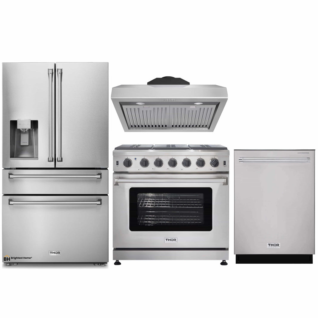 Thor Kitchen 4-Piece Appliance Package - 36-Inch Gas Range, Refrigerator with Water Dispenser, Under Cabinet Hood & Dishwasher in Stainless Steel