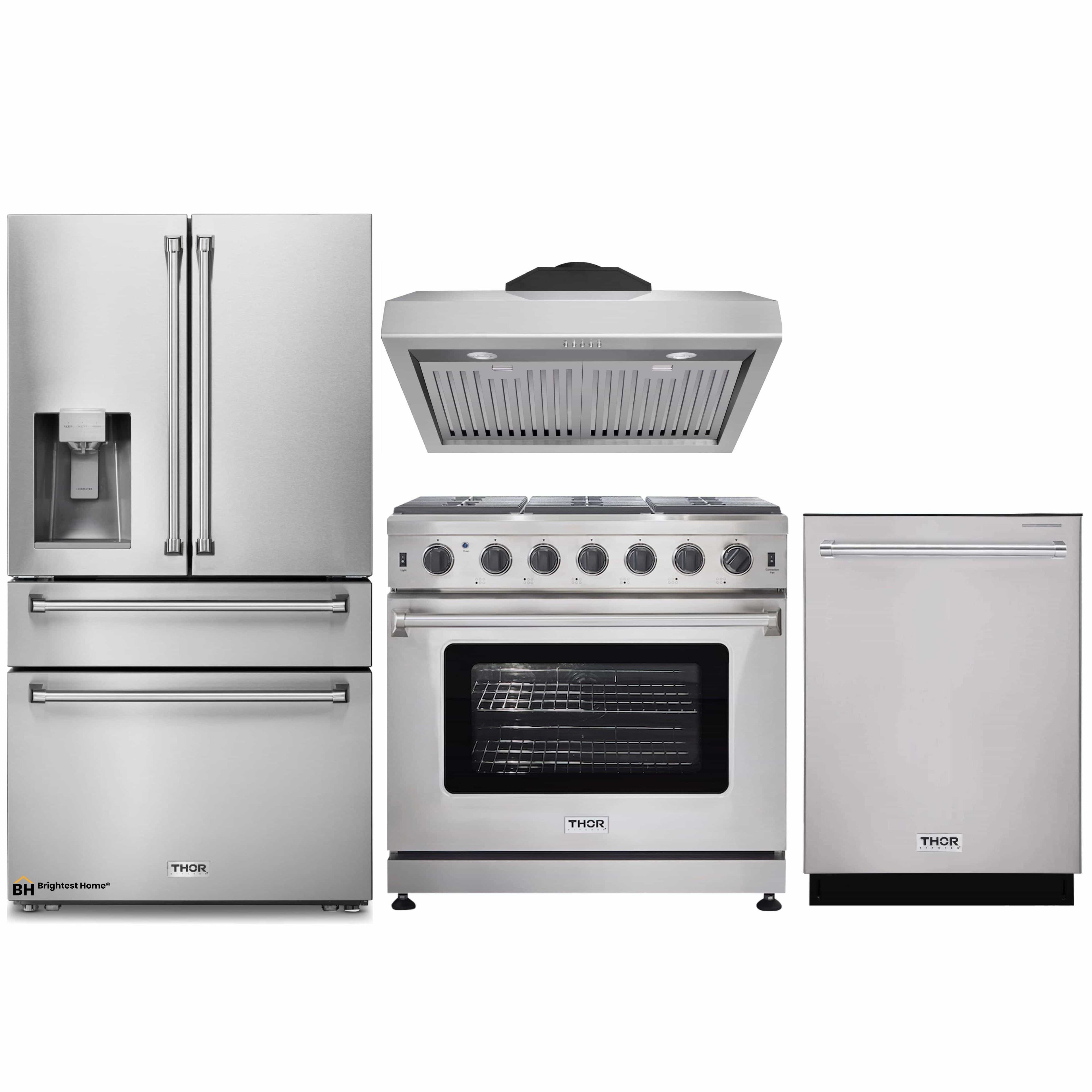 Thor Kitchen 4-Piece Appliance Package - 36-Inch Gas Range, Refrigerator with Water Dispenser, Under Cabinet Hood & Dishwasher in Stainless Steel