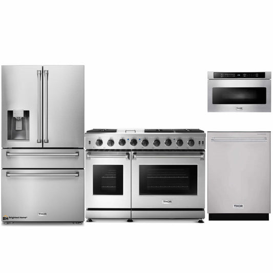 Thor Kitchen 4-Piece Appliance Package - 48-Inch Gas Range, Refrigerator with Water Dispenser, Dishwasher, & Microwave Drawer in Stainless Steel