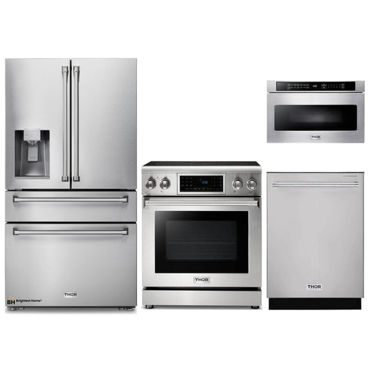 Thor Kitchen 4-Piece Appliance Package - 30-Inch Electric Range with Tilt Panel, Refrigerator with Water Dispenser, Dishwasher, & Microwave Drawer in Stainless Steel