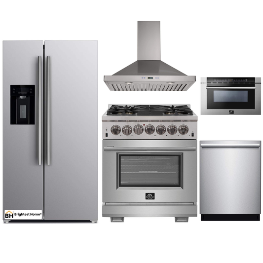 Forno 5-Piece Pro Appliance Package - 30-Inch Dual Fuel Range, Refrigerator with Water Dispenser, Wall Mount Hood, Microwave Drawer, & 3-Rack Dishwasher in Stainless Steel