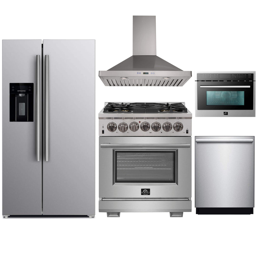 Forno 5-Piece Pro Appliance Package - 30-Inch Dual Fuel Range, Refrigerator with Water Dispenser, Wall Mount Hood, Microwave Oven, & 3-Rack Dishwasher in Stainless Steel