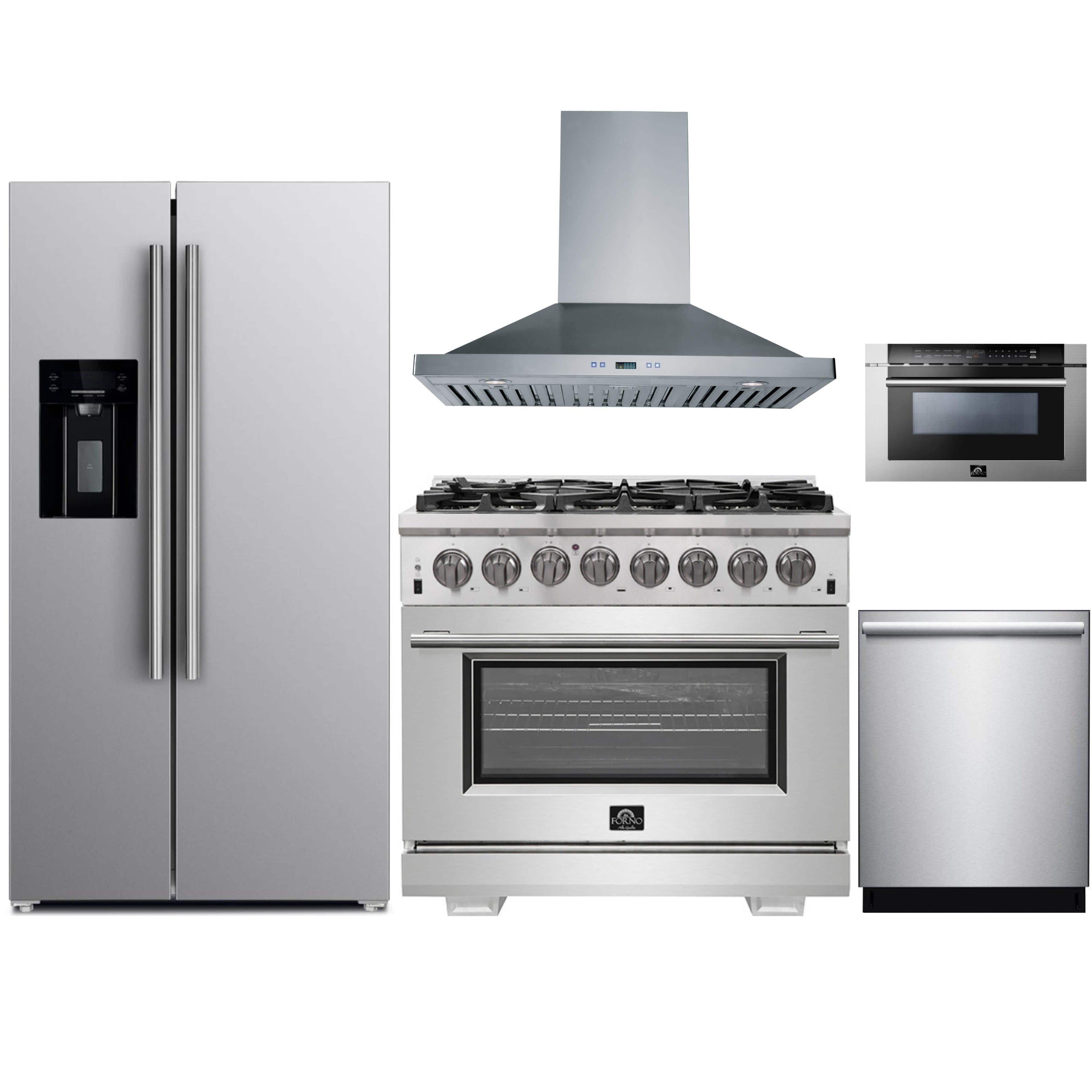 Forno 5-Piece Pro Appliance Package - 36-Inch Dual Fuel Range, Refrigerator with Water Dispenser, Wall Mount Hood, Microwave Drawer, & 3-Rack Dishwasher in Stainless Steel