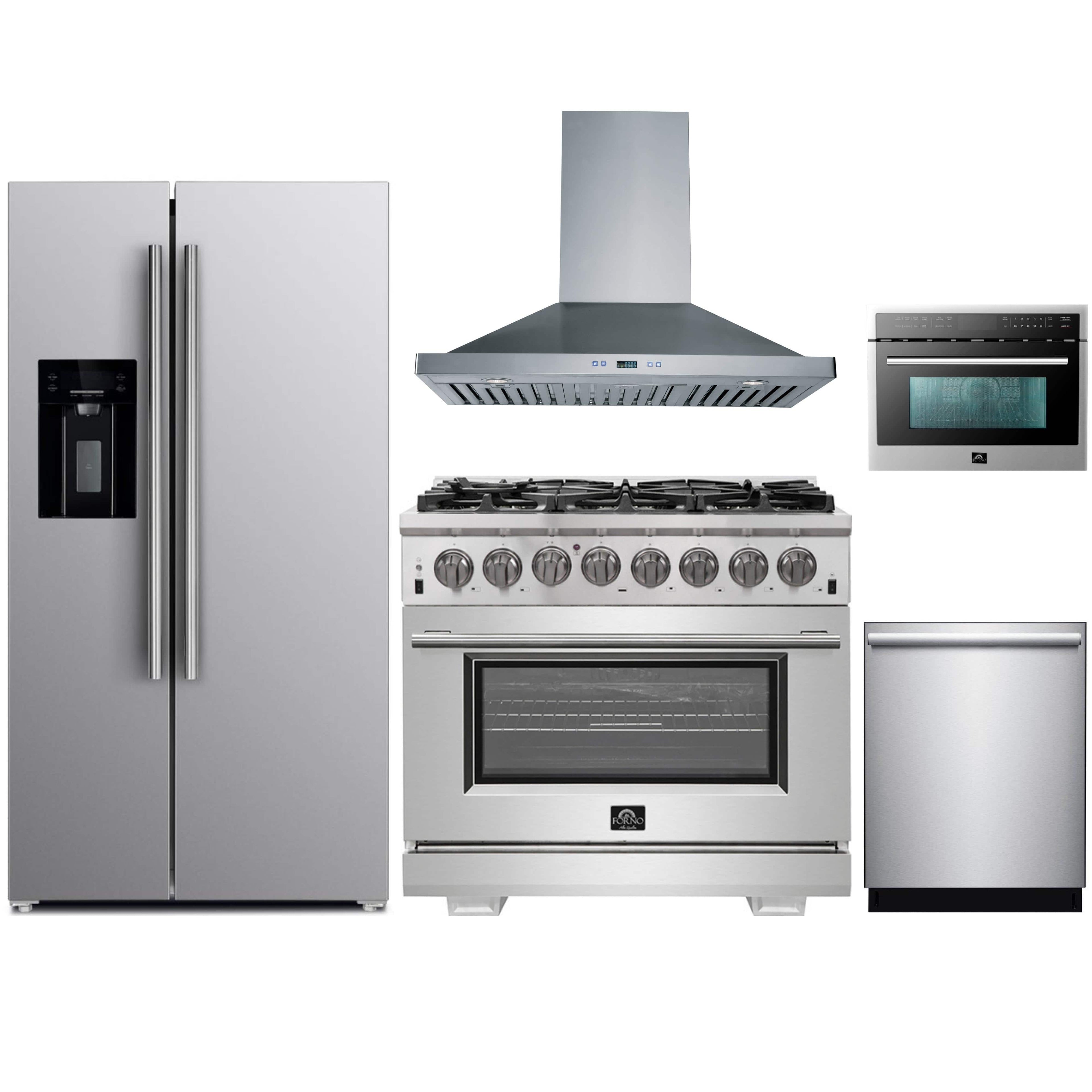 Forno 5-Piece Pro Appliance Package - 36-Inch Dual Fuel Range, Refrigerator with Water Dispenser, Wall Mount Hood, Microwave Oven, & 3-Rack Dishwasher in Stainless Steel