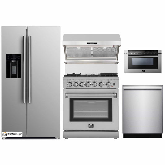 Forno 5-Piece Appliance Package - 30-Inch Dual Fuel Range with Air Fryer, Refrigerator with Water Dispenser, Wall Mount Hood with Backsplash, Microwave Drawer, & 3-Rack Dishwasher in Stainless Steel