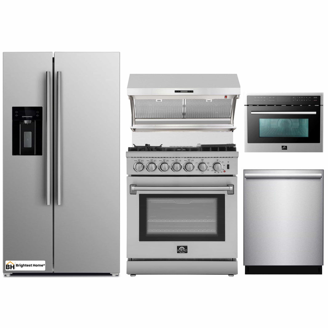 Forno 5-Piece Appliance Package - 30-Inch Dual Fuel Range with Air Fryer, Refrigerator with Water Dispenser, Wall Mount Hood with Backsplash, Microwave Oven, & 3-Rack Dishwasher in Stainless Steel