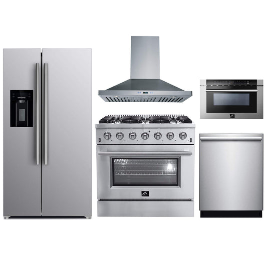 Forno 5-Piece Appliance Package - 36-Inch Gas Range, Refrigerator with Water Dispenser, Wall Mount Hood, Microwave Drawer, & 3-Rack Dishwasher in Stainless Steel