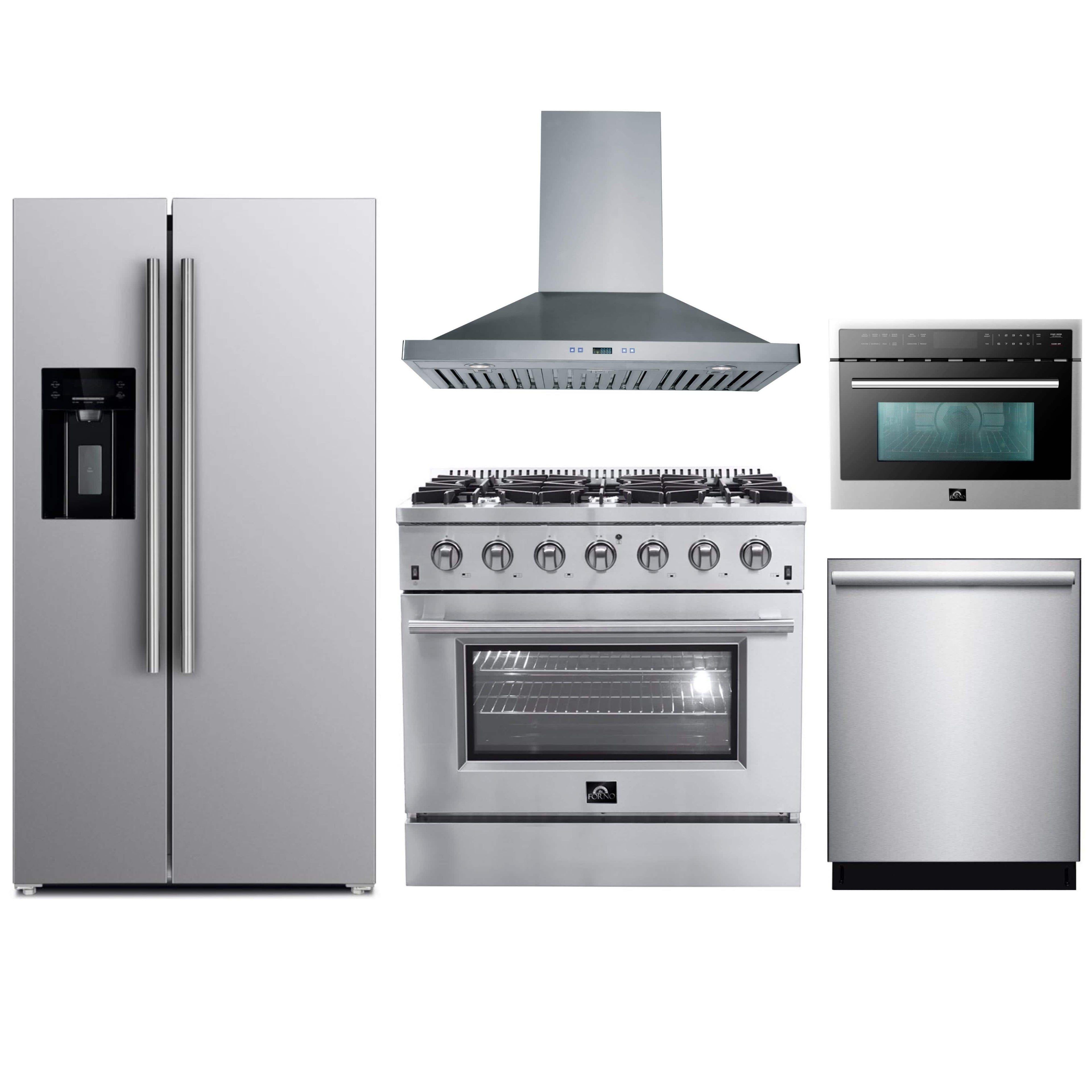 Forno 5-Piece Appliance Package - 36-Inch Gas Range, Refrigerator with Water Dispenser, Wall Mount Hood, Microwave Oven, & 3-Rack Dishwasher in Stainless Steel