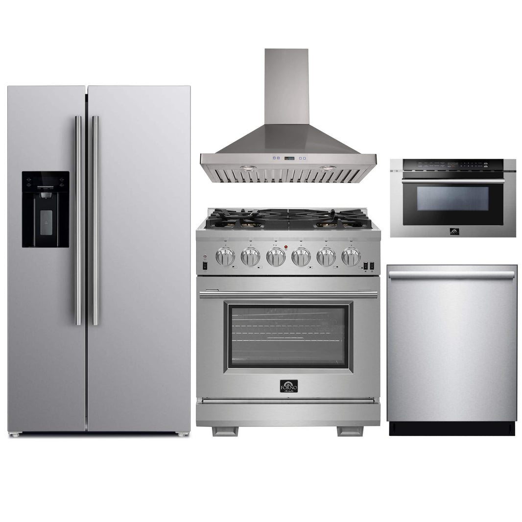 Forno 5-Piece Pro Appliance Package - 30-Inch Gas Range, Refrigerator with Water Dispenser, Wall Mount Hood, Microwave Drawer, & 3-Rack Dishwasher in Stainless Steel