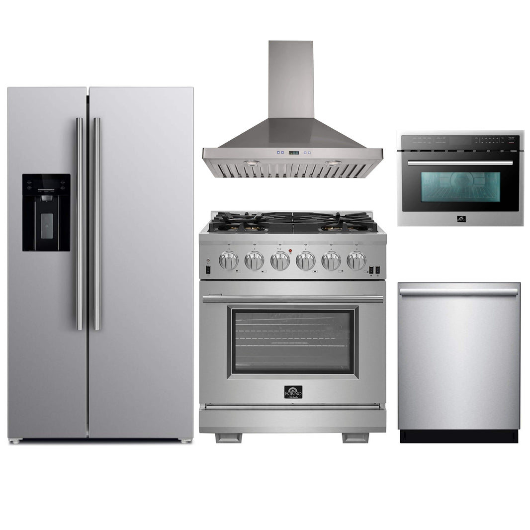 Forno 5-Piece Pro Appliance Package - 30-Inch Gas Range, Refrigerator with Water Dispenser, Wall Mount Hood, Microwave Oven, & 3-Rack Dishwasher in Stainless Steel