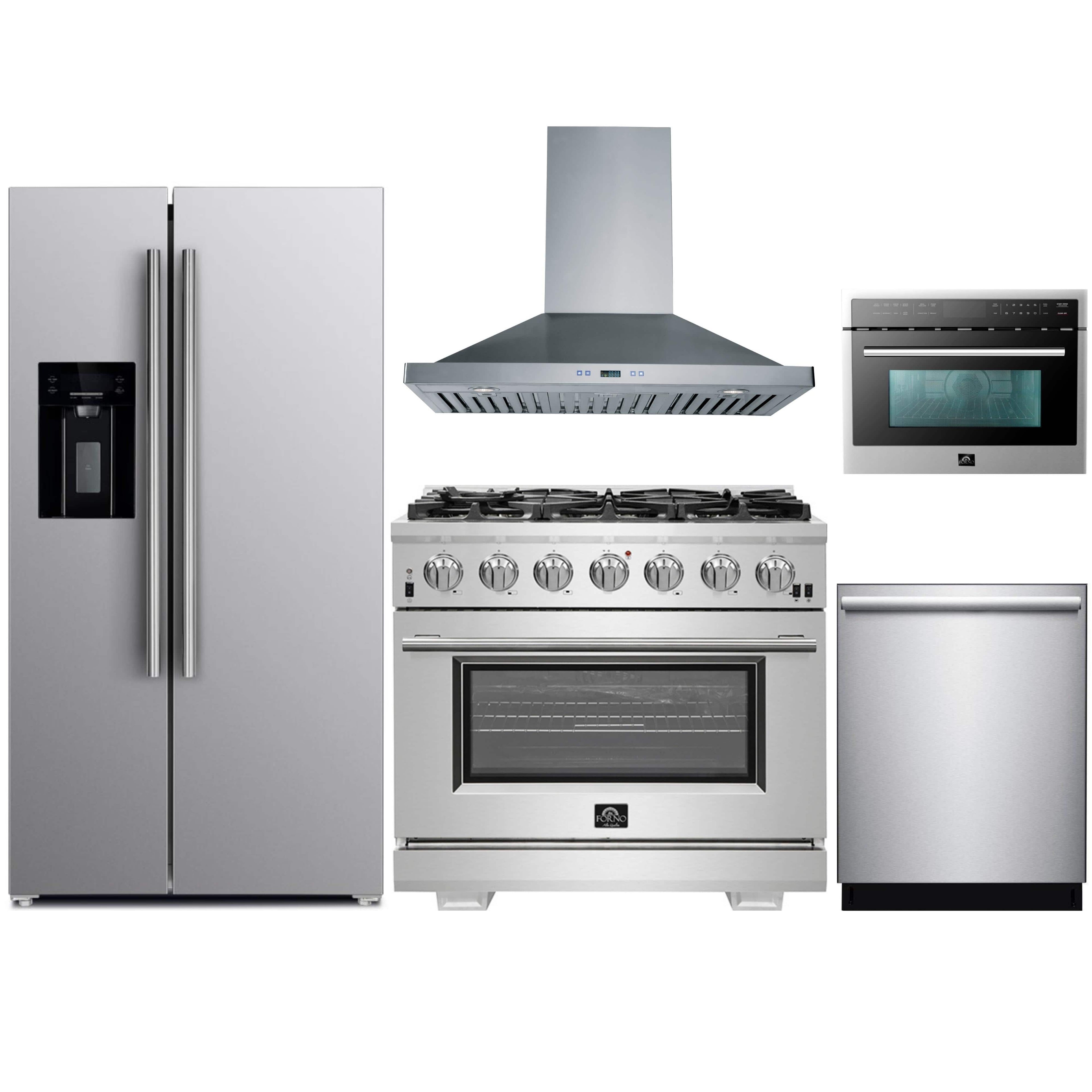 Forno 5-Piece Pro Appliance Package - 36-Inch Gas Range, Refrigerator with Water Dispenser, Wall Mount Hood, Microwave Drawer, & 3-Rack Dishwasher in Stainless Steel