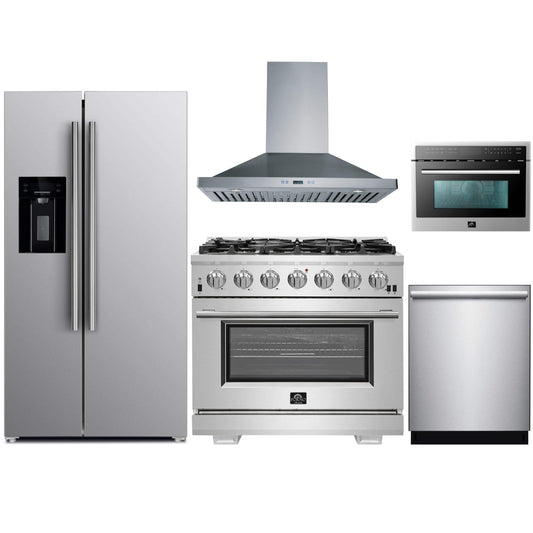 Forno 5-Piece Pro Appliance Package - 36-Inch Gas Range, Refrigerator with Water Dispenser, Wall Mount Hood, Microwave Oven, & 3-Rack Dishwasher in Stainless Steel