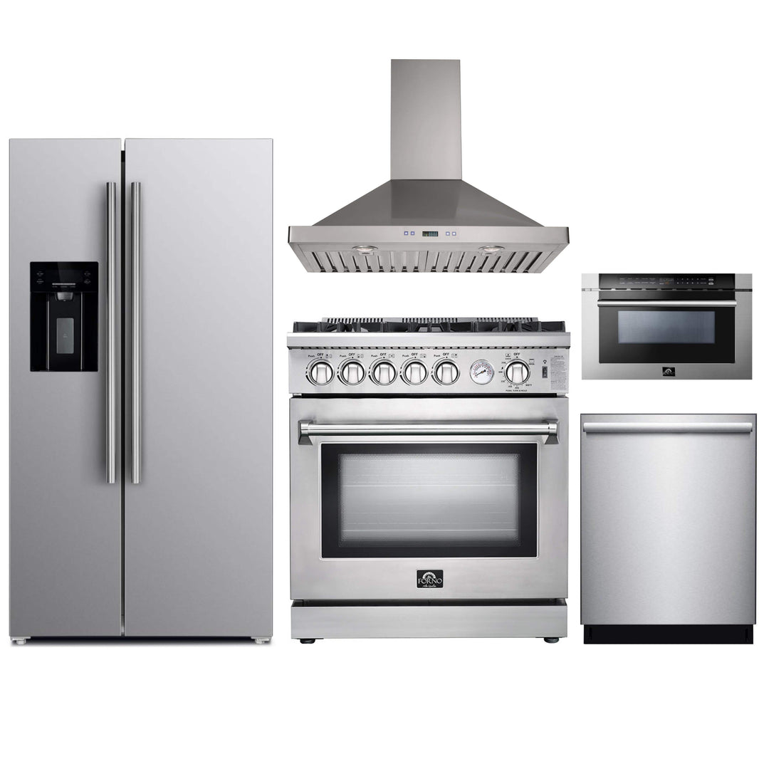 Forno 5-Piece Appliance Package - 30-Inch Gas Range, Refrigerator with Water Dispenser, Wall Mount Hood, Microwave Drawer, & 3-Rack Dishwasher in Stainless Steel