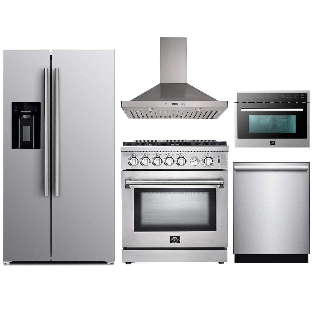 Forno 5-Piece Appliance Package - 30-Inch Gas Range, Refrigerator with Water Dispenser, Wall Mount Hood, Microwave Oven, & 3-Rack Dishwasher in Stainless Steel