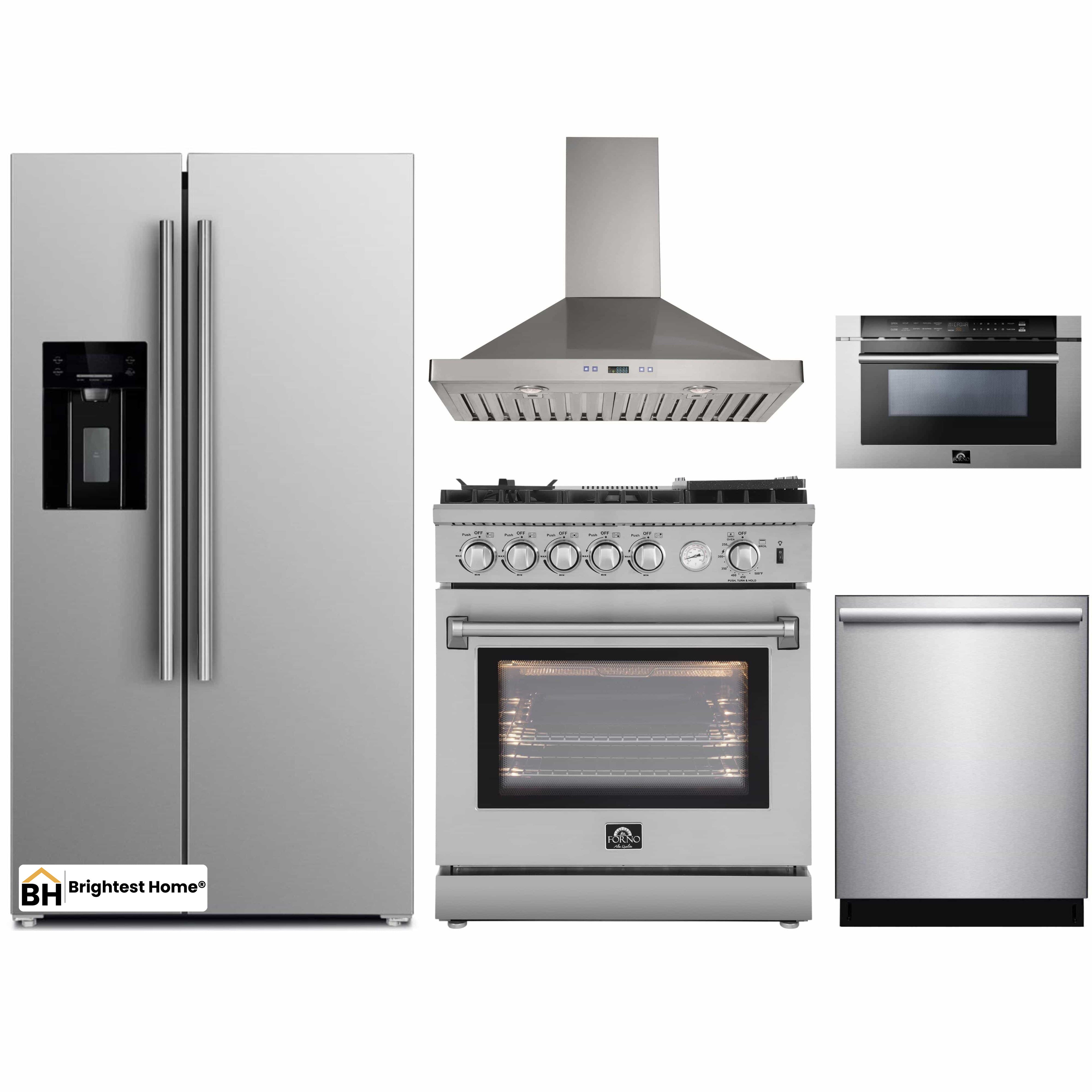 Forno 5-Piece Appliance Package - 30-Inch Gas Range with Air Fryer, Refrigerator with Water Dispenser, Wall Mount Hood, Microwave Drawer, & 3-Rack Dishwasher in Stainless Steel