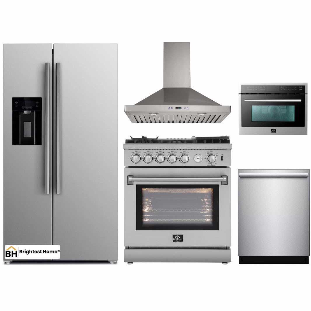 Forno 5-Piece Appliance Package - 30-Inch Gas Range with Air Fryer, Refrigerator with Water Dispenser, Wall Mount Hood, Microwave Oven, & 3-Rack Dishwasher in Stainless Steel