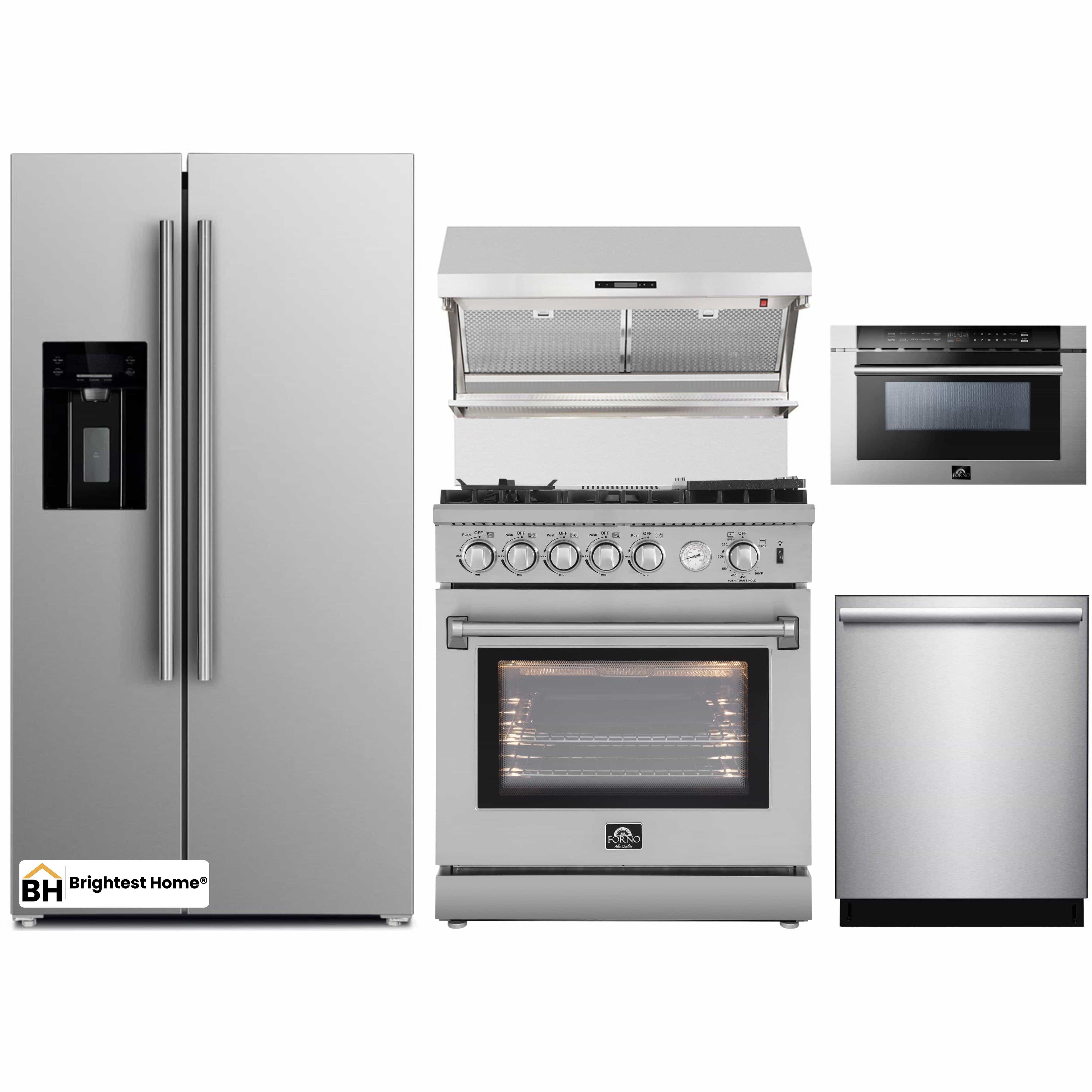 Forno 5-Piece Appliance Package - 30-Inch Gas Range with Air Fryer, Refrigerator with Water Dispenser, Wall Mount Hood with Backsplash, Microwave Drawer, & 3-Rack Dishwasher in Stainless Steel