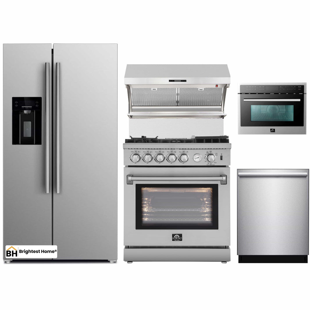 Forno 5-Piece Appliance Package - 30-Inch Gas Range with Air Fryer, Refrigerator with Water Dispenser, Wall Mount Hood with Backsplash, Microwave Oven, & 3-Rack Dishwasher in Stainless Steel