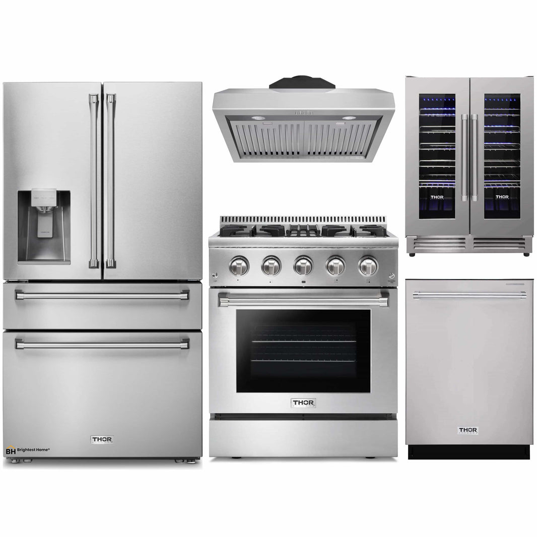 Thor Kitchen 5-Piece Pro Appliance Package - 30-Inch Dual Fuel Range, Refrigerator with Water Dispenser, Under Cabinet Hood, Dishwasher, & Wine Cooler in Stainless Steel