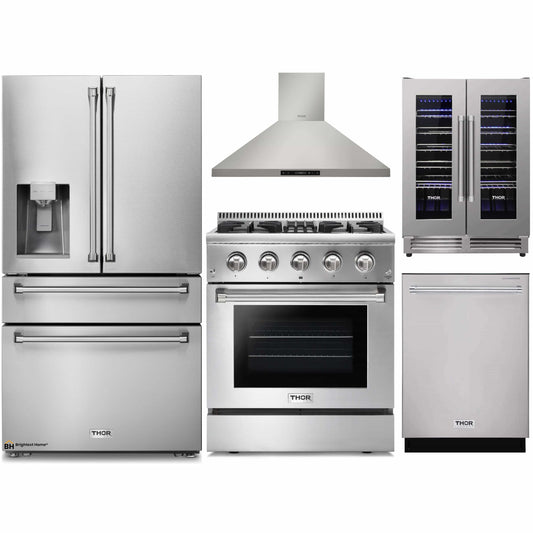 Thor Kitchen 5-Piece Pro Appliance Package - 30-Inch Dual Fuel Range, Refrigerator with Water Dispenser, Wall Mount Hood, Dishwasher, & Wine Cooler in Stainless Steel