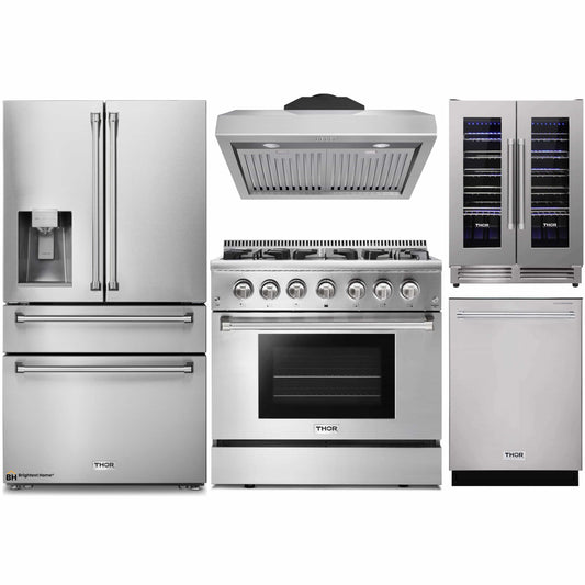 Thor Kitchen 5-Piece Pro Appliance Package - 36-Inch Dual Fuel Range, Refrigerator with Water Dispenser, Under Cabinet Hood, Dishwasher, & Wine Cooler in Stainless Steel