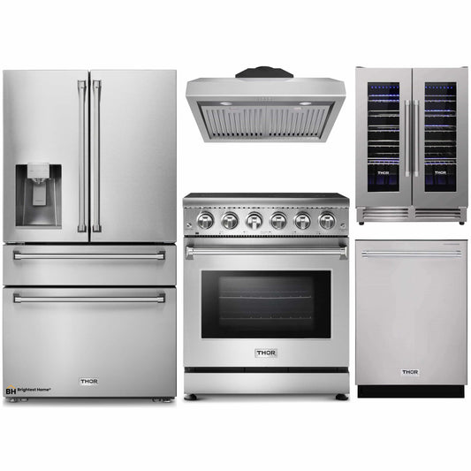 Thor Kitchen 5-Piece Appliance Package - 30-Inch Electric Range, Refrigerator with Water Dispenser, Under Cabinet Hood, Dishwasher, & Wine Cooler in Stainless Steel