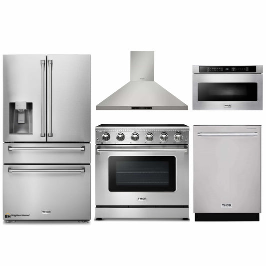 Thor Kitchen 5-Piece Appliance Package - 36-Inch Electric Range, Refrigerator with Water Dispenser, Wall Mount Hood, Dishwasher, & Microwave Drawer in Stainless Steel