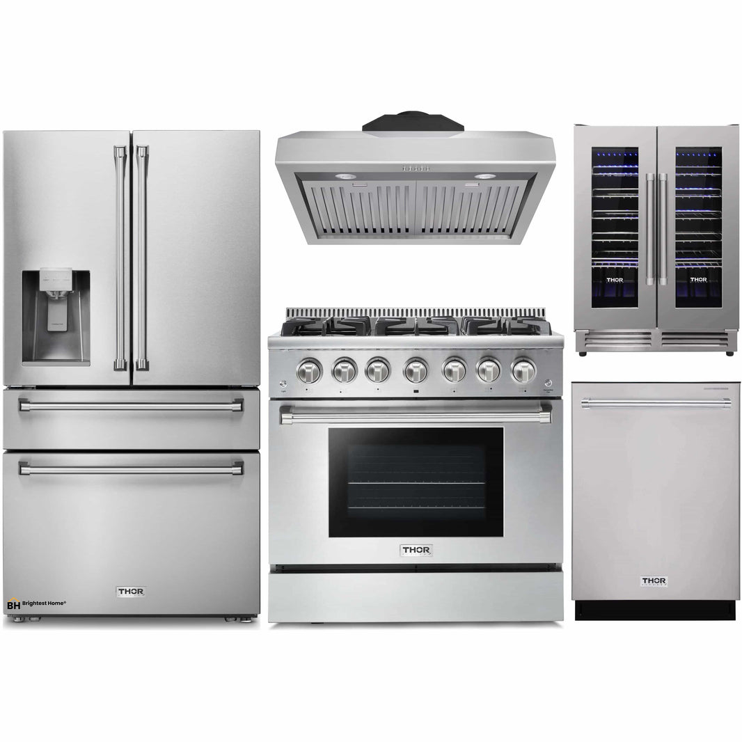 Thor Kitchen 5-Piece Pro Appliance Package - 36-Inch Gas Range, Refrigerator with Water Dispenser, Under Cabinet Hood, Dishwasher, & Wine Cooler in Stainless Steel