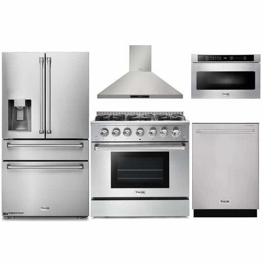 Thor Kitchen 5-Piece Pro Appliance Package - 36-Inch Gas Range, Refrigerator with Water Dispenser, Wall Mount Hood, Dishwasher, & Microwave Drawer in Stainless Steel