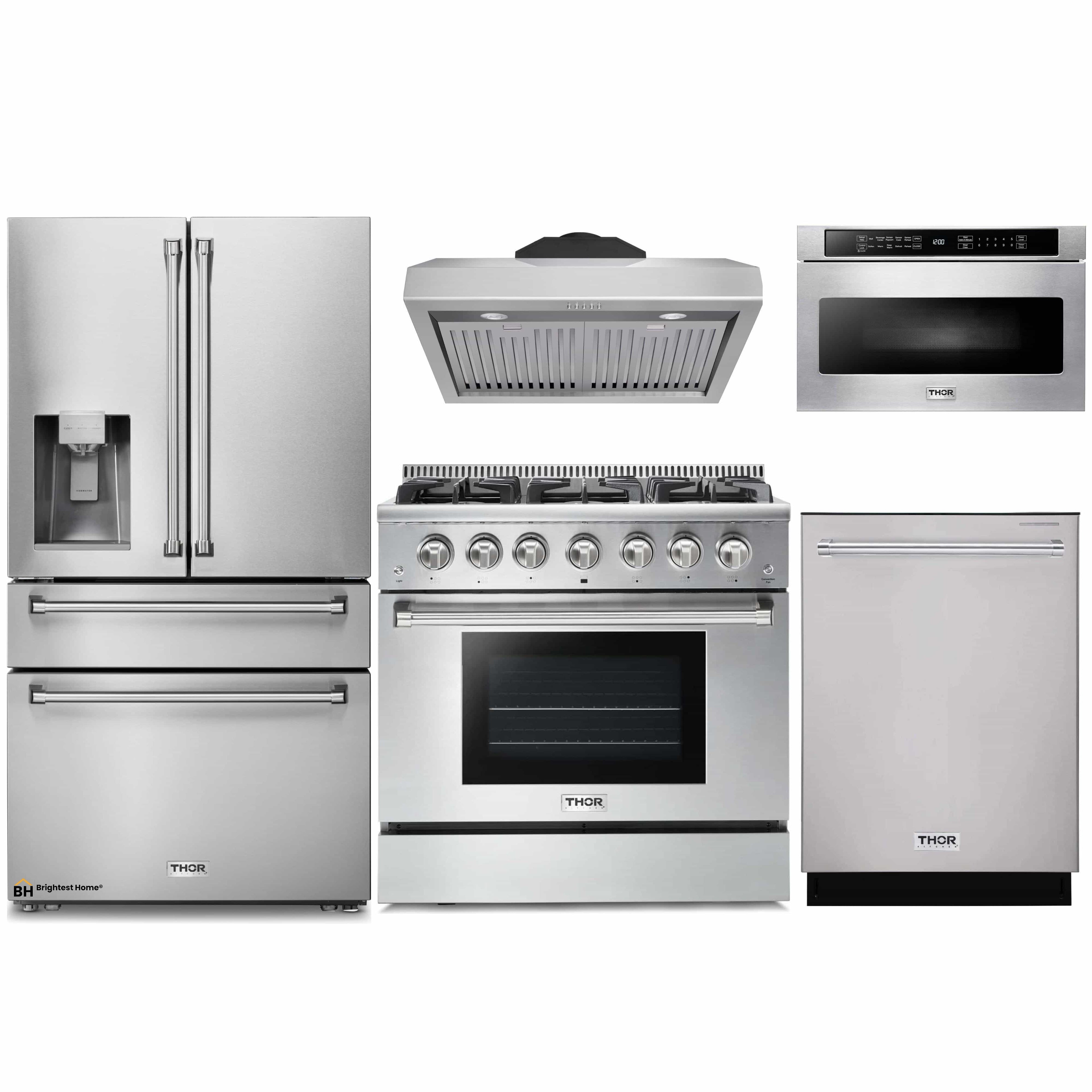 Thor Kitchen 5-Piece Pro Appliance Package - 36-Inch Gas Range, Refrigerator with Water Dispenser, Under Cabinet Hood, Dishwasher, & Microwave Drawer in Stainless Steel