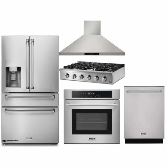 Thor Kitchen 5-Piece Pro Appliance Package - 36-Inch Rangetop, Electric Wall Oven, Wall Mount Hood, Dishwasher & Refrigerator with Water Dispenser in Stainless Steel