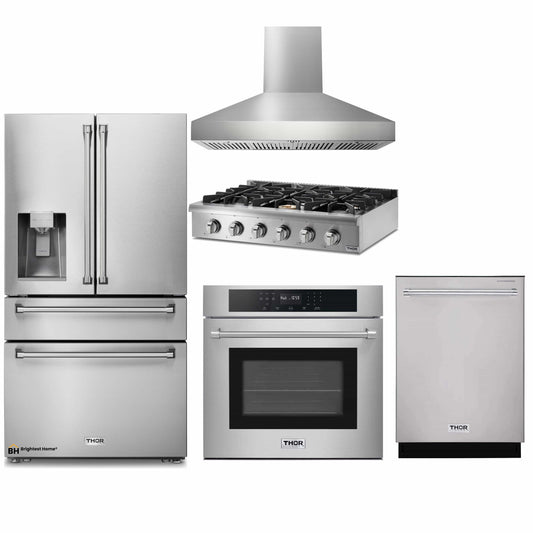 Thor Kitchen 5-Piece Pro Appliance Package - 36-Inch Rangetop, Electric Wall Oven, Pro-Style Wall Mount Hood, Dishwasher & Refrigerator with Water Dispenser in Stainless Steel