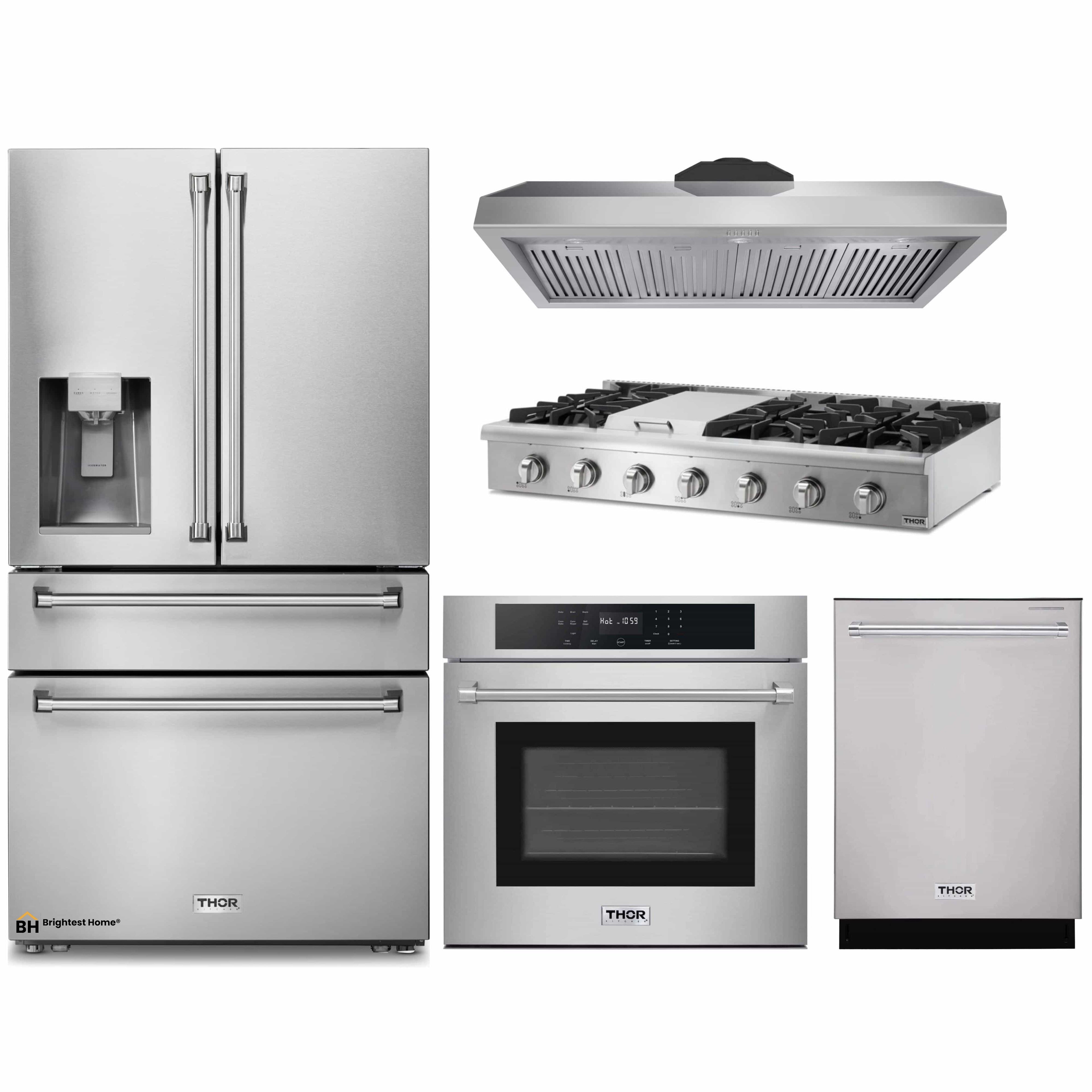 Thor Kitchen 5-Piece Pro Appliance Package - 48-Inch Rangetop, Electric Wall Oven, Under Cabinet 11-Inch Tall Hood, Dishwasher & Refrigerator with Water Dispenser in Stainless Steel