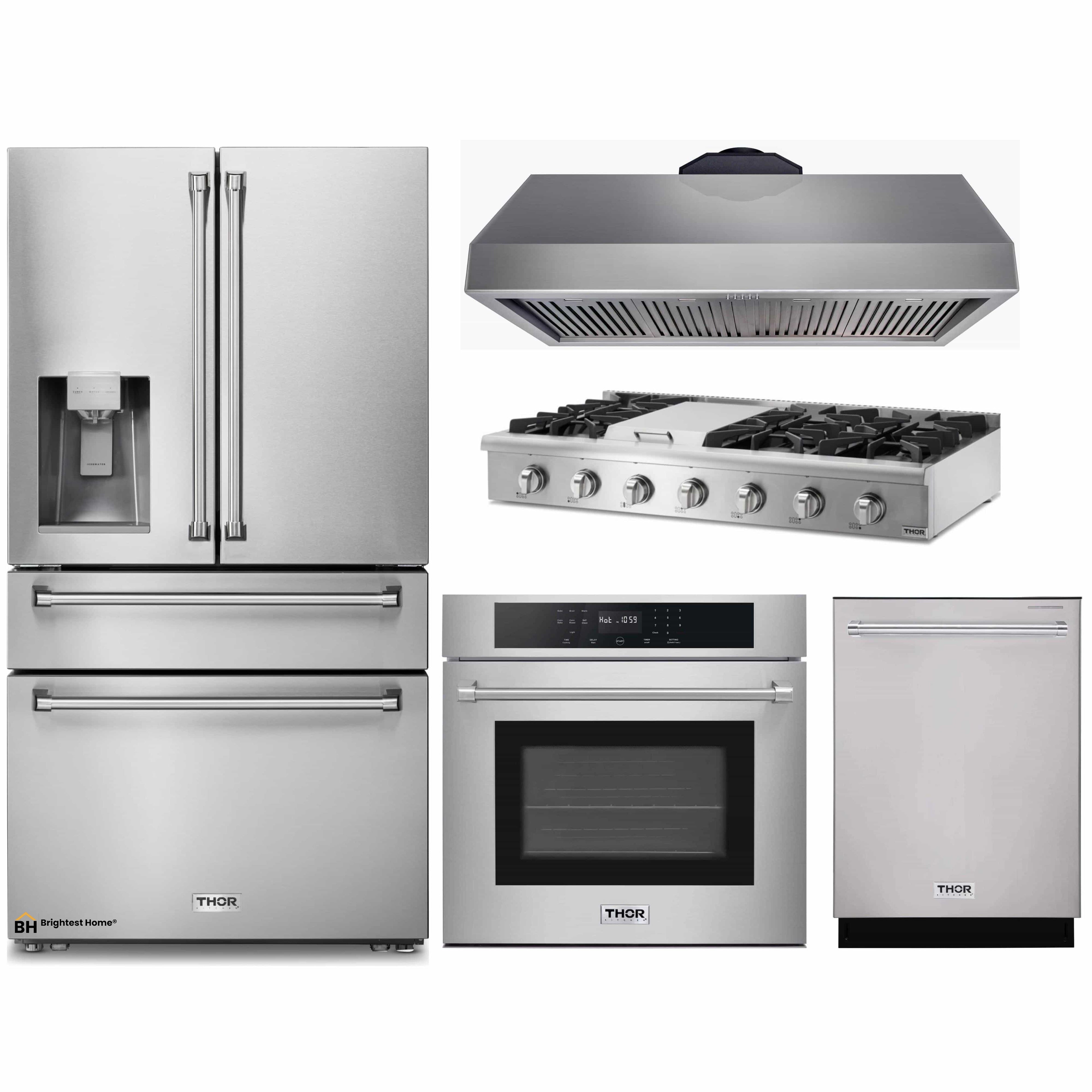 Thor Kitchen 5-Piece Pro Appliance Package - 48-Inch Rangetop, Electric Wall Oven, Under Cabinet 16.5-Inch Tall Hood, Dishwasher & Refrigerator with Water Dispenser in Stainless Steel