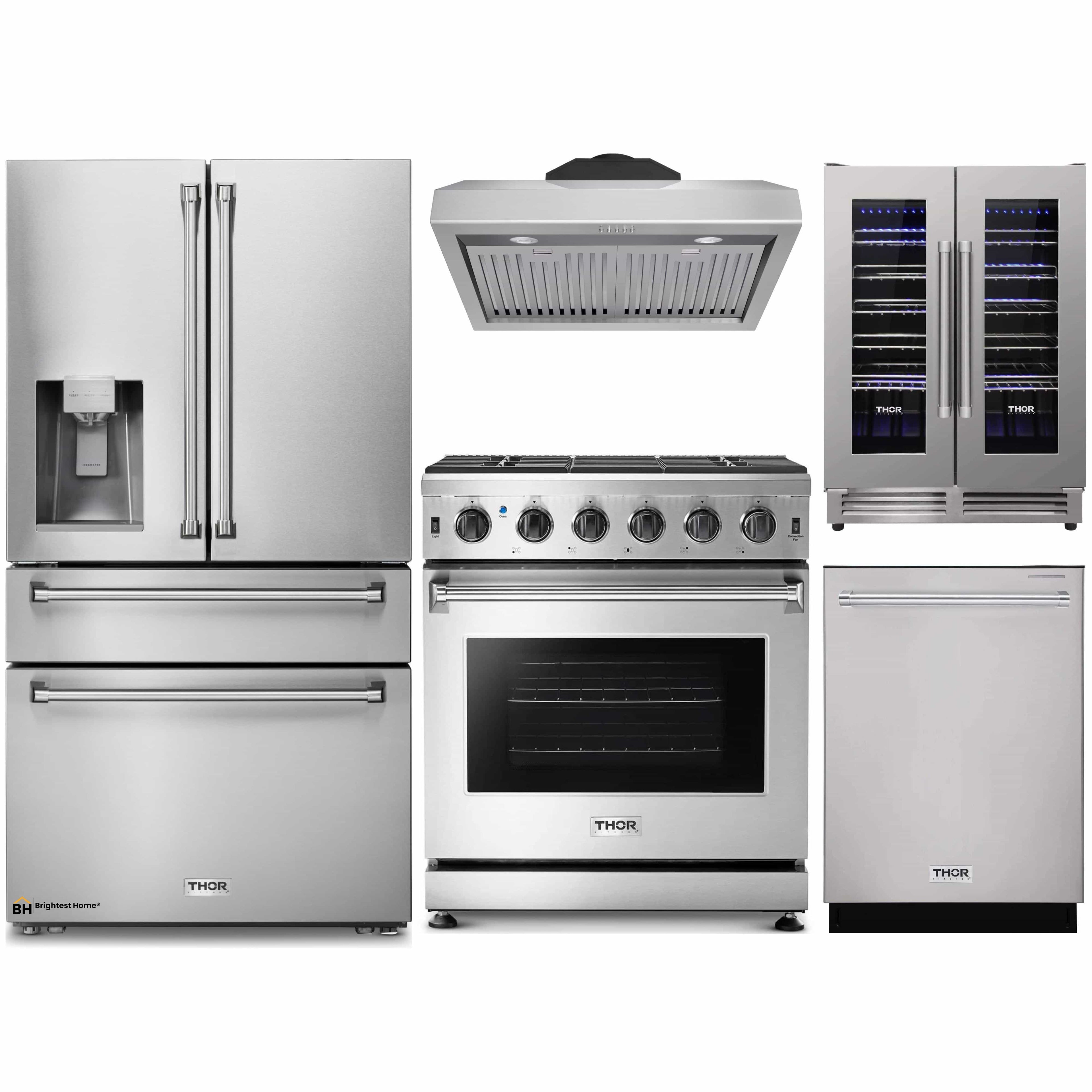 Thor Kitchen 5-Piece Appliance Package - 30-Inch Gas Range, Refrigerator with Water Dispenser, Under Cabinet Hood, Dishwasher, & Wine Cooler in Stainless Steel