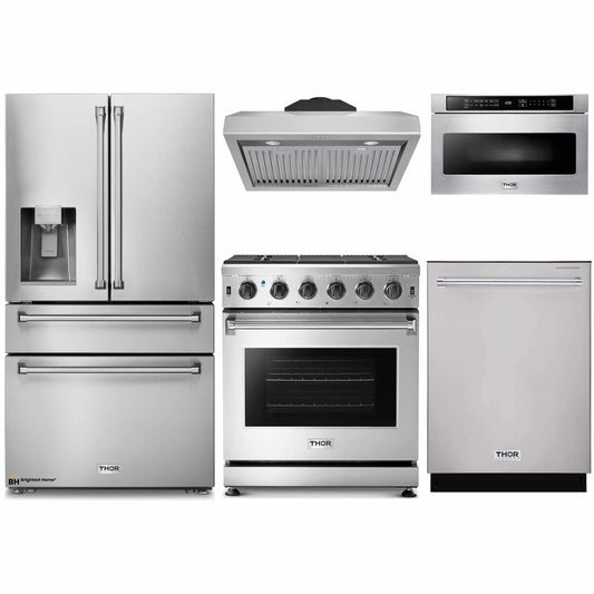 Thor Kitchen 5-Piece Appliance Package - 30-Inch Gas Range, Refrigerator with Water Dispenser, Under Cabinet Hood, Dishwasher, & Microwave Drawer in Stainless Steel