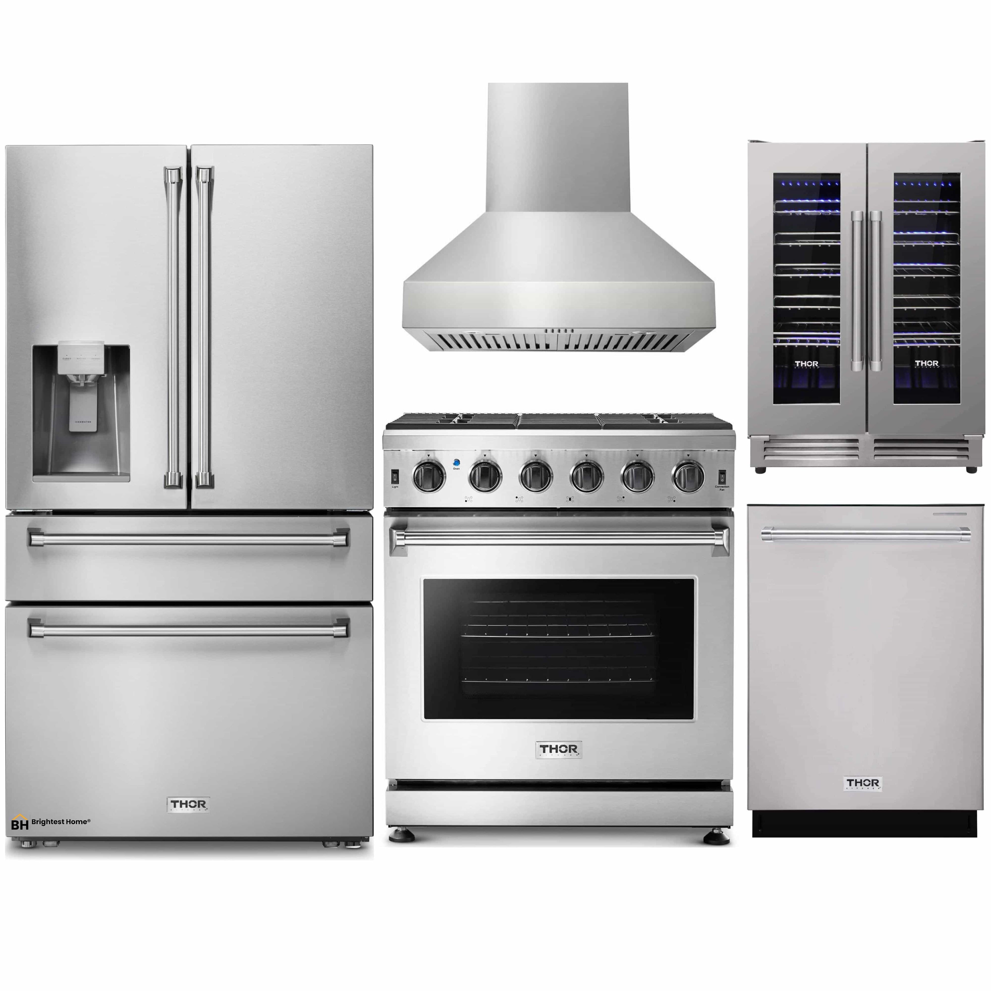 Thor Kitchen 5-Piece Appliance Package - 30-Inch Gas Range, Refrigerator with Water Dispenser, Pro-Style Wall Mount Hood, Dishwasher, & Wine Cooler in Stainless Steel