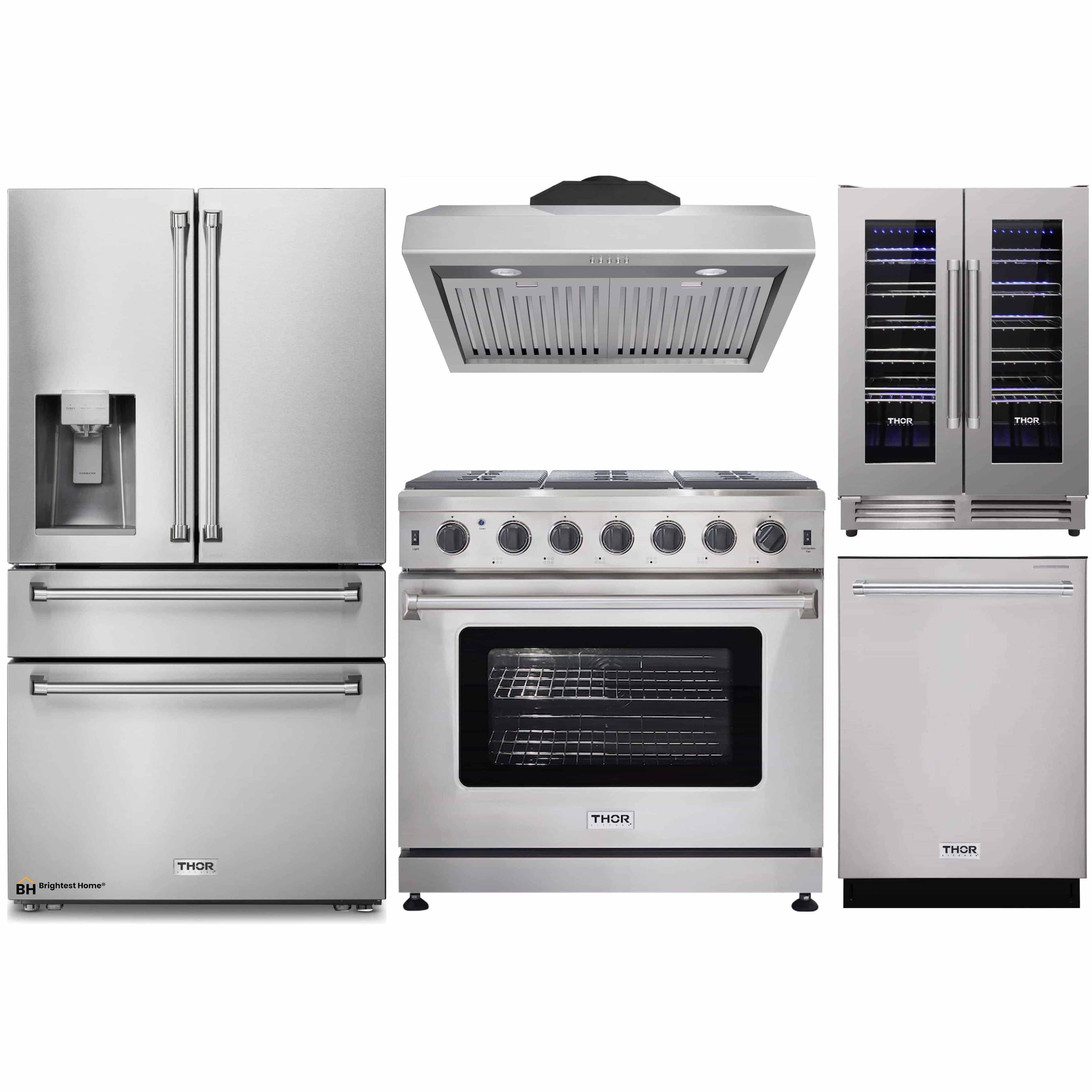 Thor Kitchen 5-Piece Appliance Package - 36-Inch Gas Range, Refrigerator with Water Dispenser, Under Cabinet Hood, Dishwasher, & Wine Cooler in Stainless Steel